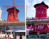 Mill blades of iconic Moulin Rouge in Paris crashed