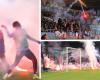 VIDEO. French second division players throw fireworks back at their own fans, after home fans express dissatisfaction about the second relegation in a row
